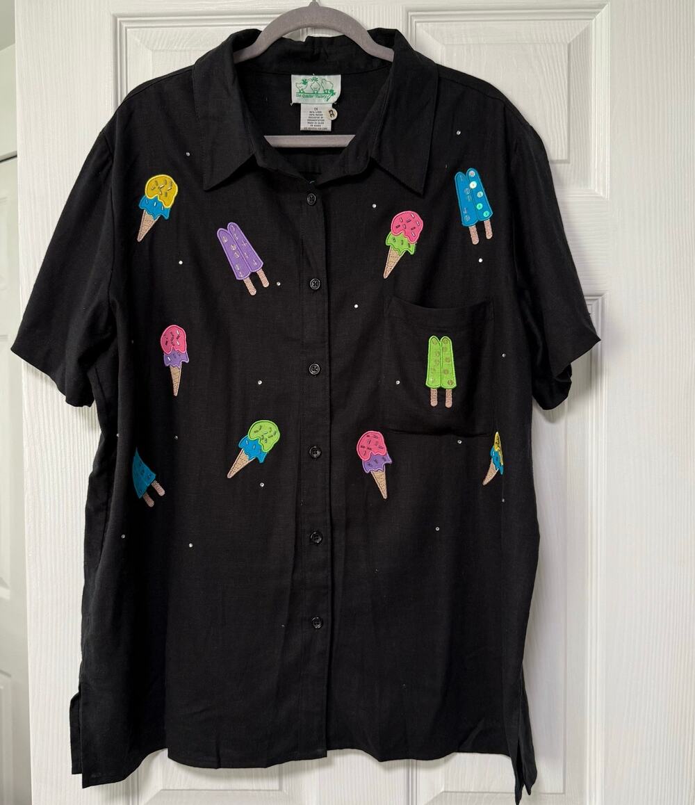 The Quacker Factory Linen Blend Embroidered Ice Cream Popsicles Top Size 1X